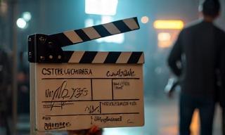 Classic film clapperboard on a professional movie set
