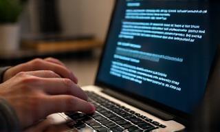 Person typing on a laptop, working on a script