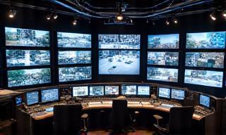 Modern TV studio control room with multiple monitors
