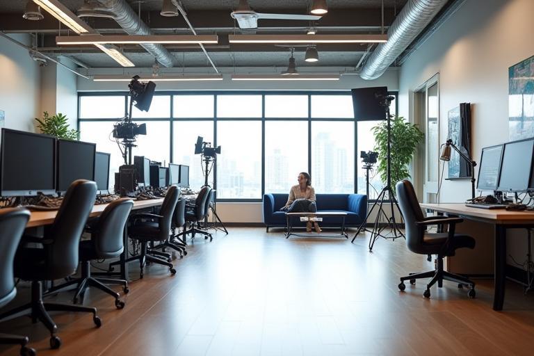 Southern Reels Production office interior - a modern, well-lit creative space with production equipment visible